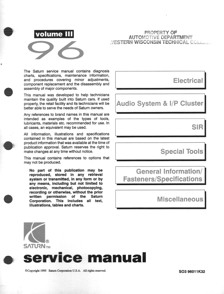 1996 Saturn Factory Shop Service Repair Manual Full 3 Volume Set--SC1, SC2, SL1, SL2, SW1, SW2