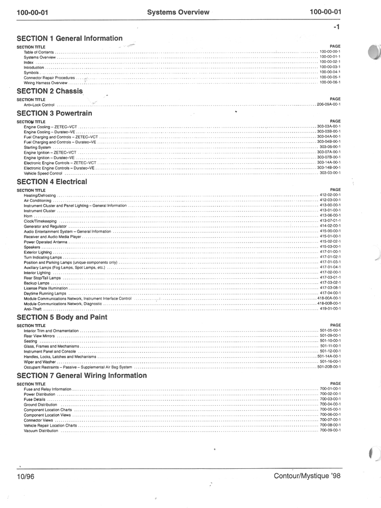 1998 Ford Contour, Mercury Mystique Factory Electrical Vacuum & Troubleshooting Wiring Diagrams Manual EVTM