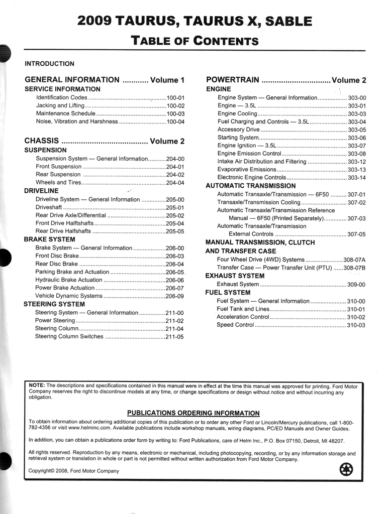 2009 Ford Taurus & Taurus X, Mercury Sable Factory Workshop Service Manual Set