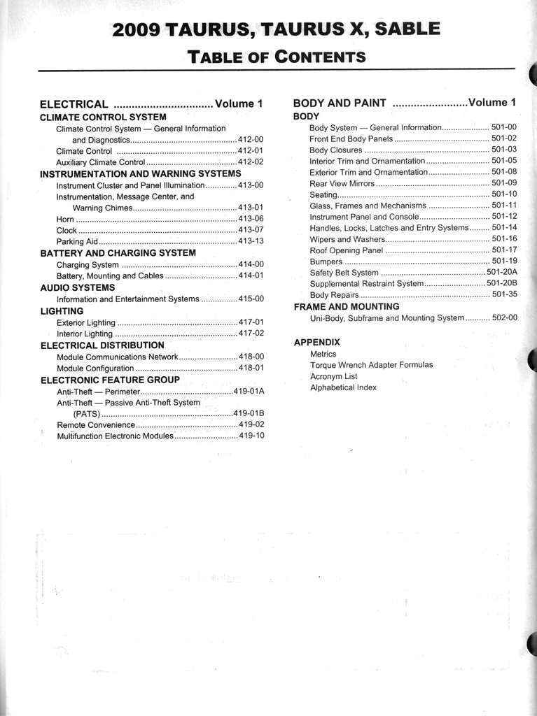 2009 Ford Taurus & Taurus X, Mercury Sable Factory Workshop Service Manual Set