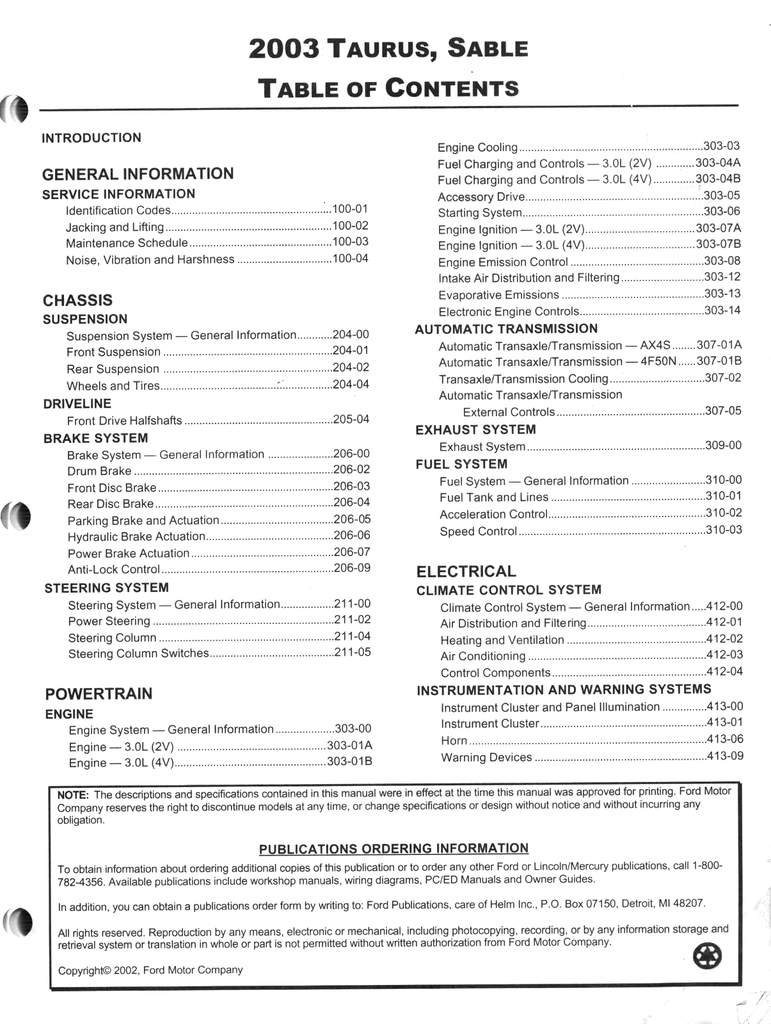 2003 Ford Taurus, Mercury Sable Factory Workshop Service Manual