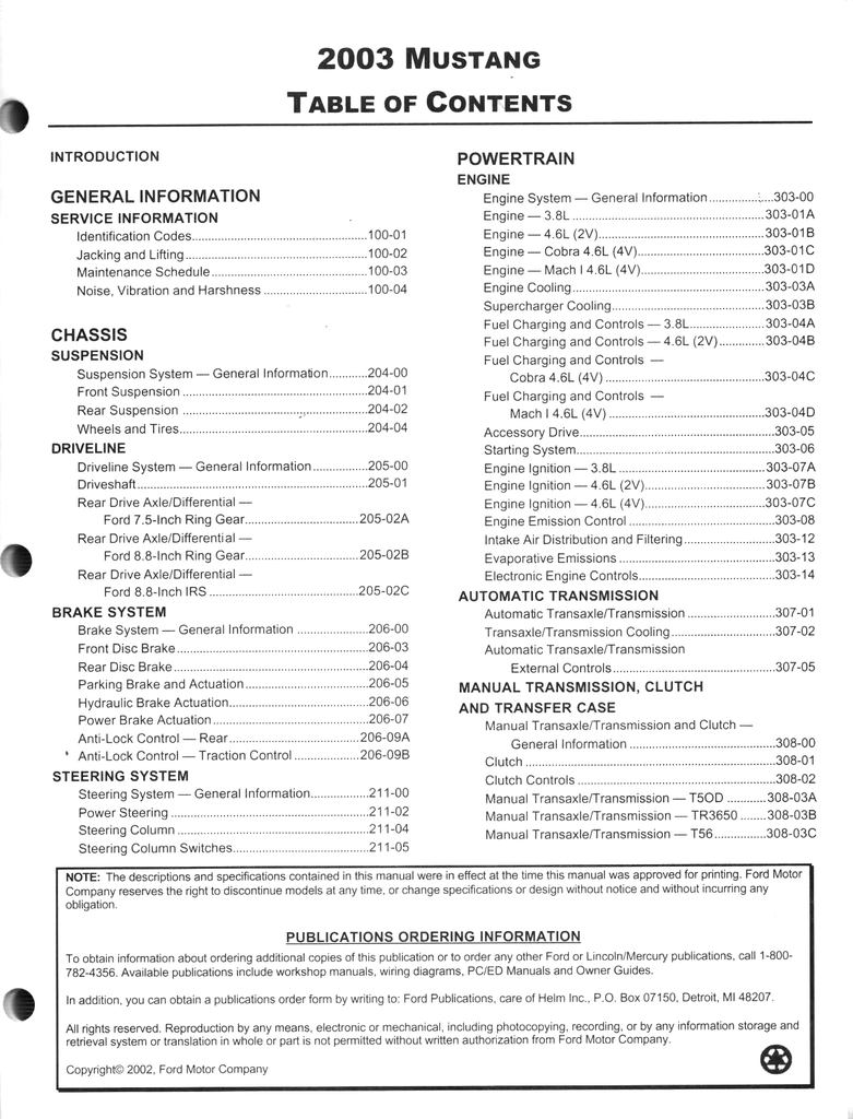 2003 Ford Mustang Factory Workshop Service Manual