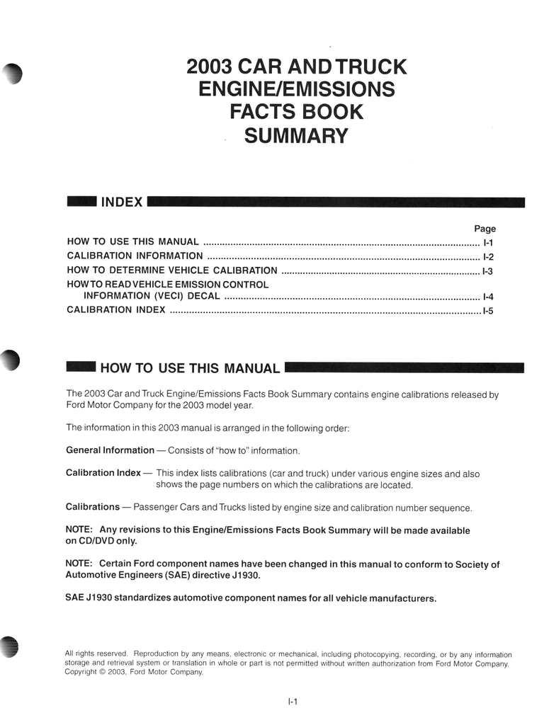 2003 Ford Car & Truck Factory Engine/Emissions Facts Book Summary