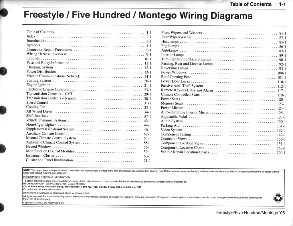 2005 Ford Freestyle, Five Hundred, Mercury Montego Factory Electrical Wiring Diagrams Manual