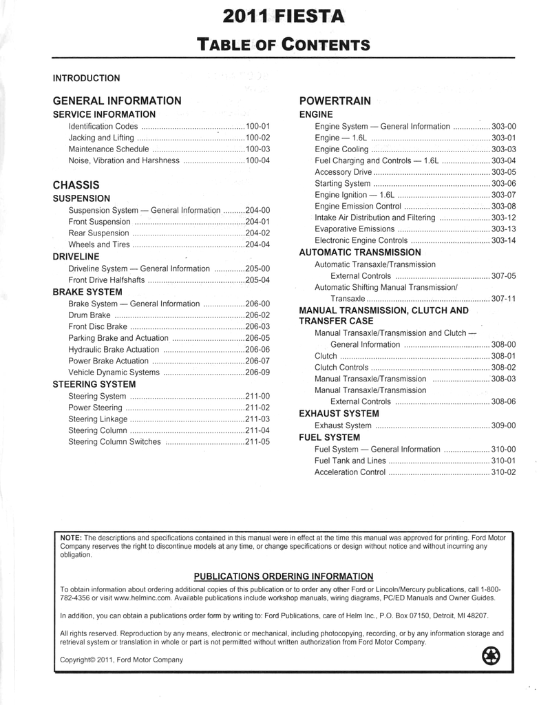 2011 Ford Fiesta Factory Workshop Service Manual