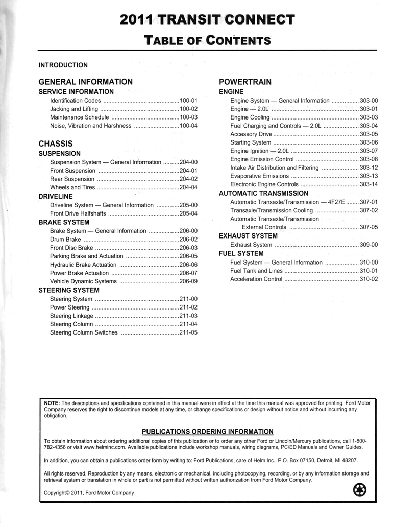 2011 Ford Transit Connect Factory Workshop Service Manual