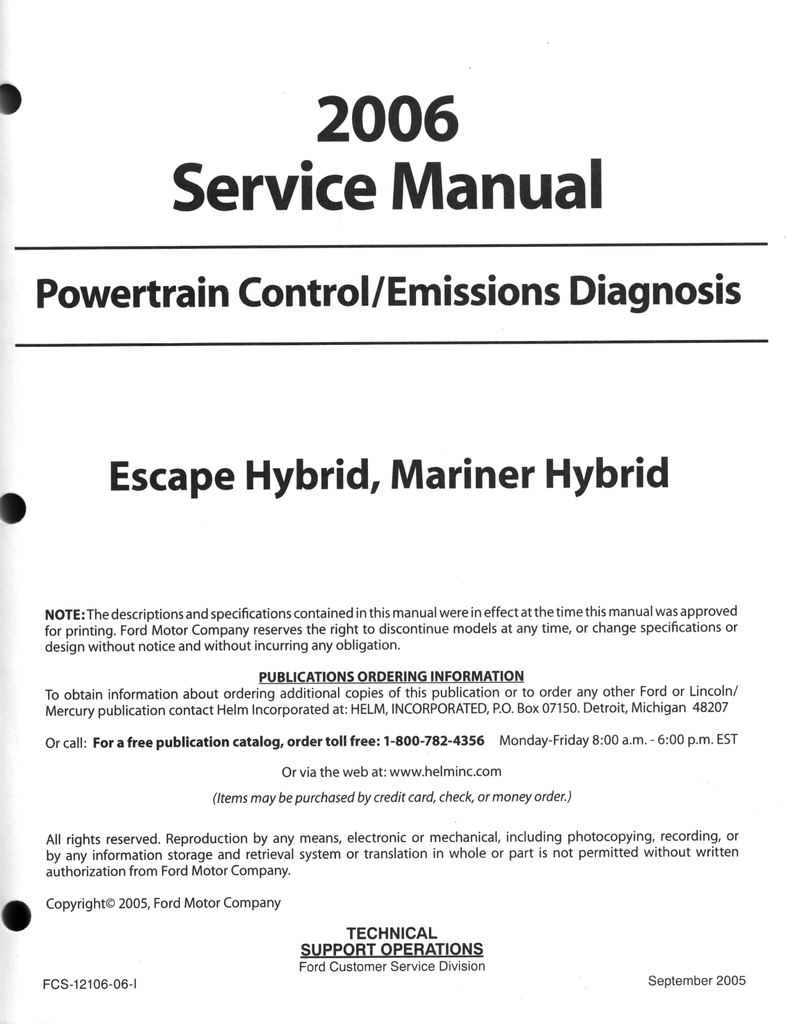 2006 Ford Escape Hybrid, Mercury Mariner Hybrid Factory Powertrain Control/Emissions Diagnosis Service Manual
