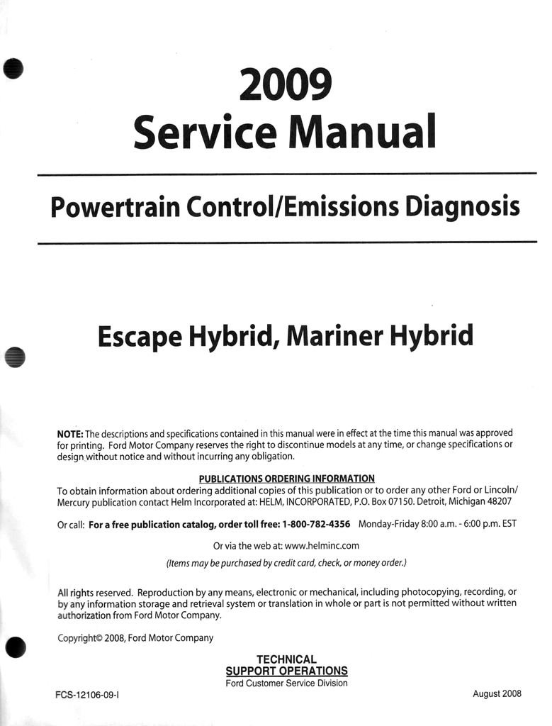 2009 Ford Escape Hybrid, Mercury Mariner Hybrid Factory Powertrain Control/Emissions Diagnosis Service Manual