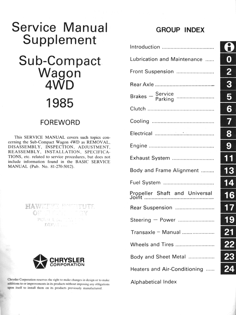 1985 Dodge/Plymouth Colt Vista Factory Shop Repair Service & Supplement Manuals Set