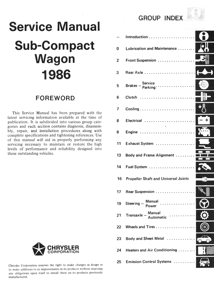 1986 Dodge/Plymouth Colt Vista Factory Shop Repair Service Manual