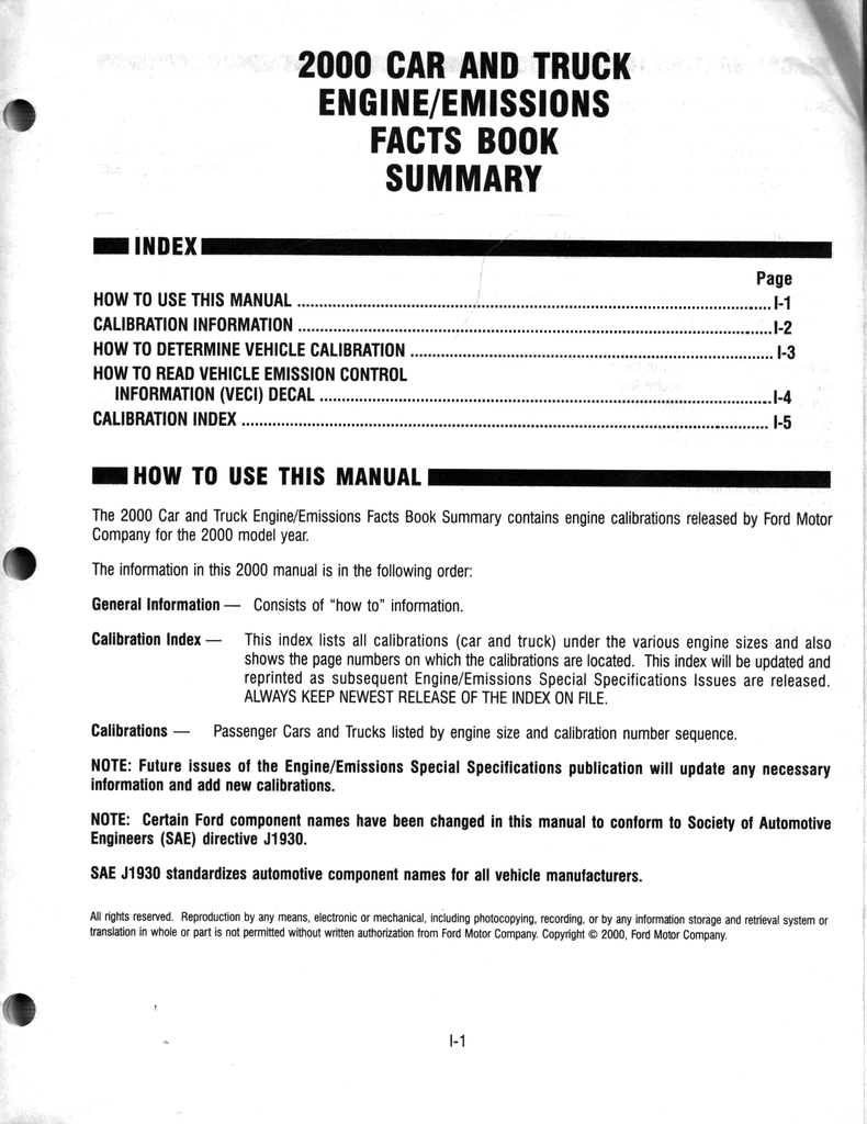 2000 Ford Car & Truck Factory Engine/Emissions Facts Book Summary