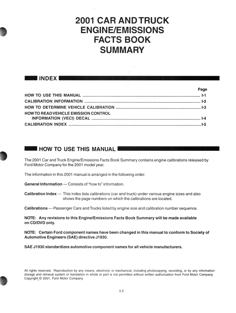 2001 Ford Car & Truck Factory Engine/Emissions Facts Book Summary