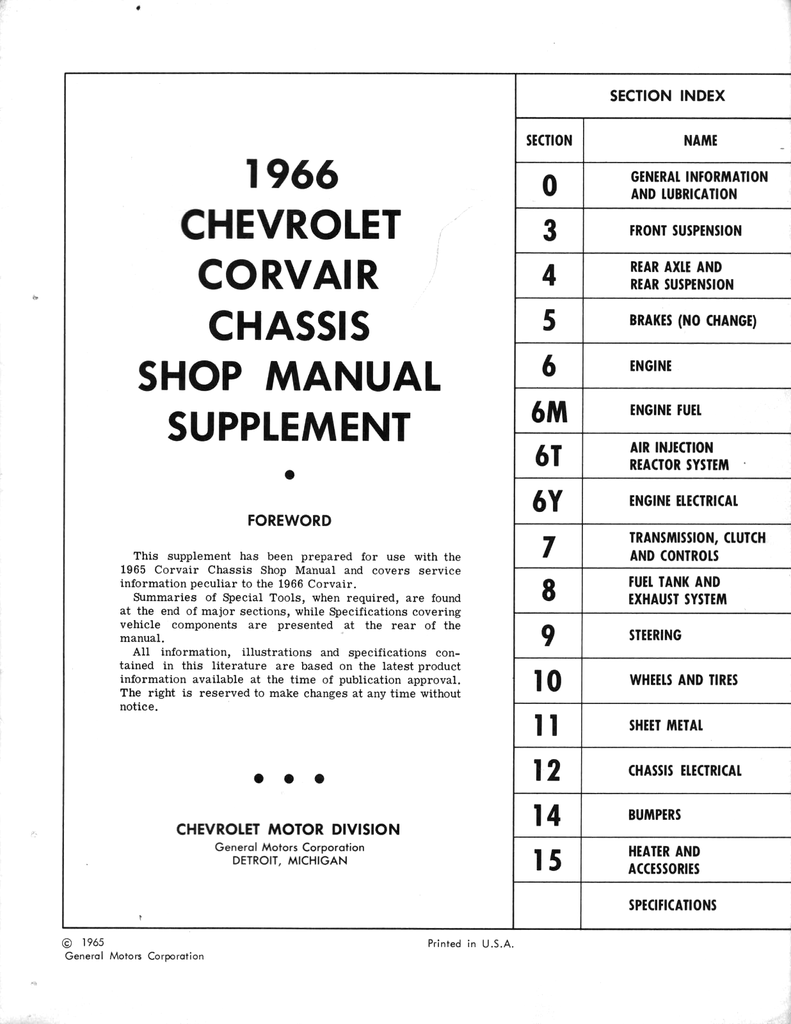 1966 Chevrolet Corvair Factory Shop Repair Chassis Service Manual Supplement
