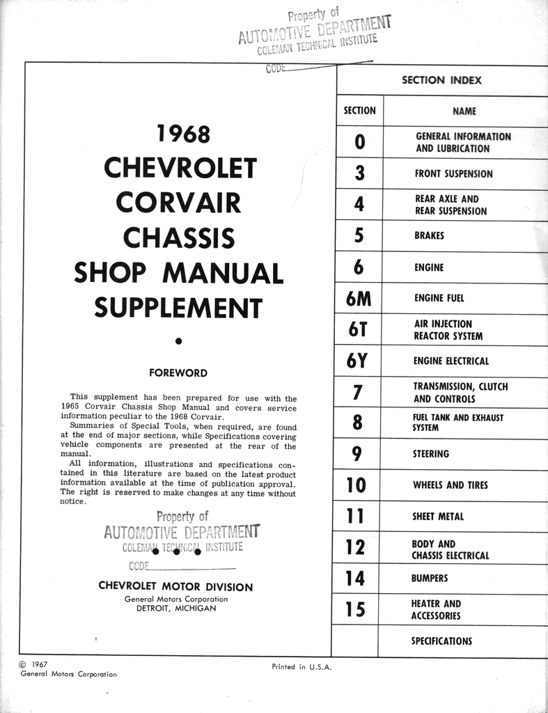 1968 Chevrolet Corvair Factory Shop Repair Chassis Service Manual Supplement