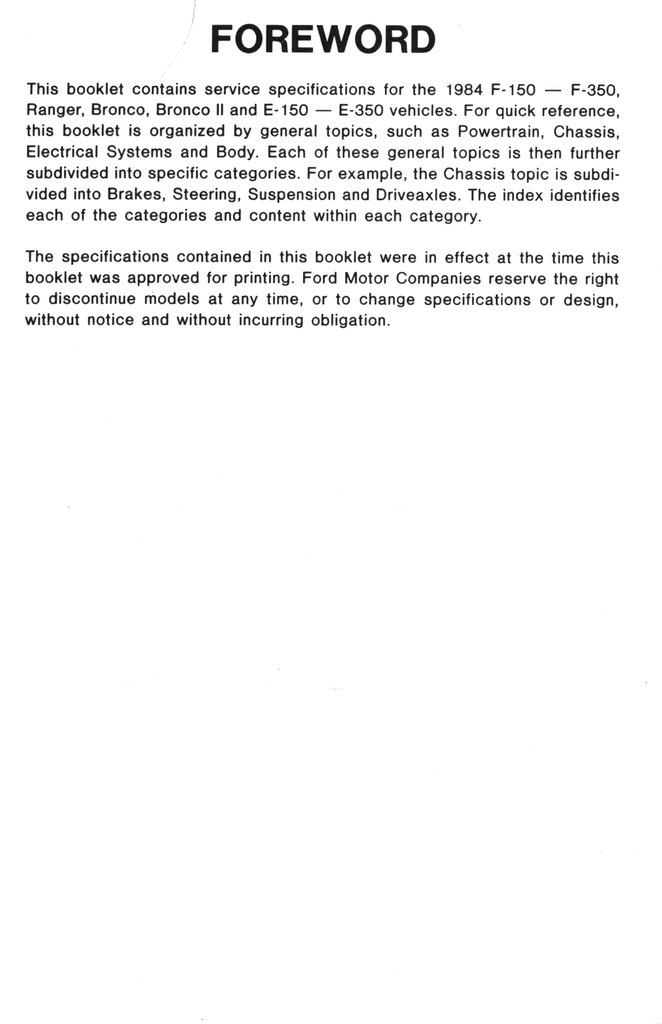 1984 Ford Light Truck Factory Specifications Book--F-150 to F-350 Pickup, Ranger, Bronco, Bronco II, Econoline Van