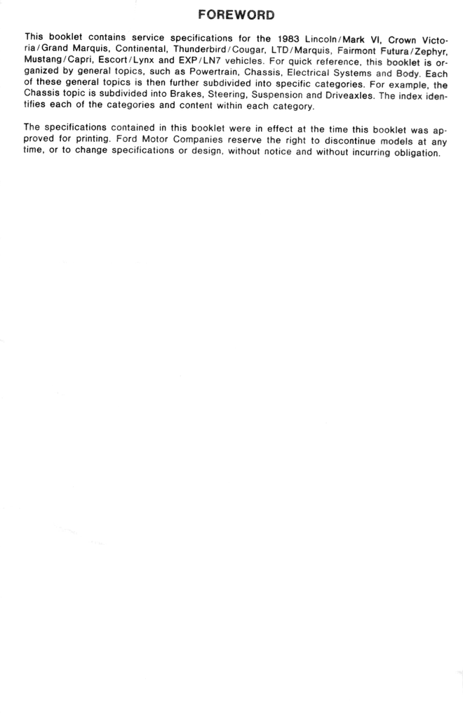 1983 Ford Car Factory Specifications Book--Mark VI, Crown Victoria/Grand Marquis, Continental, Thunderbird/Cougar, LTD/Marquis, Fairmont Futura/Zephyr, Mustang/Capri, Escort/Lynx, EXP/LN7