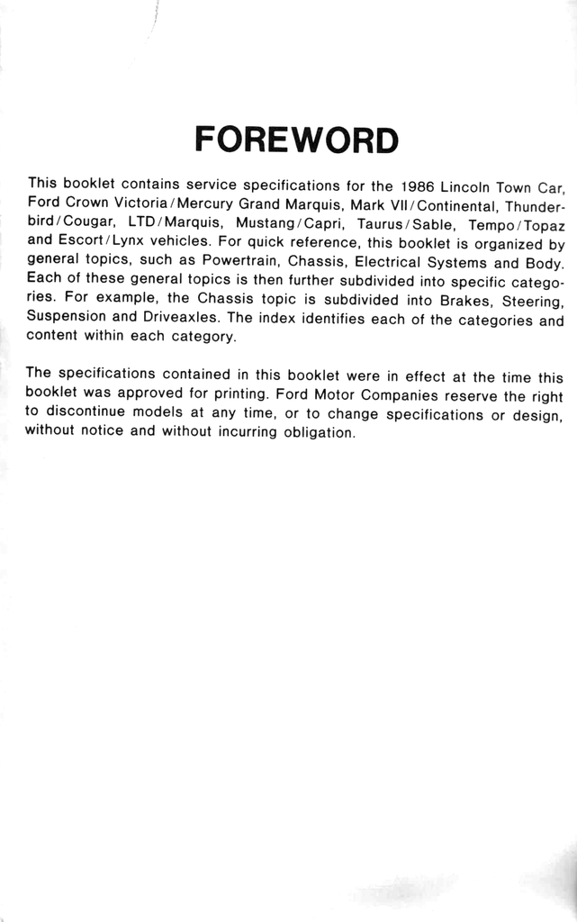 1986 Ford Car Factory Specifications Book--Town Car, Crown Victoria/Grand Marquis, Mark VII/Continental, Thunderbird/Cougar, LTD/Marquis, Taurus/Sable, Tempo/Topaz, Mustang/Capri, Escort/Lynx
