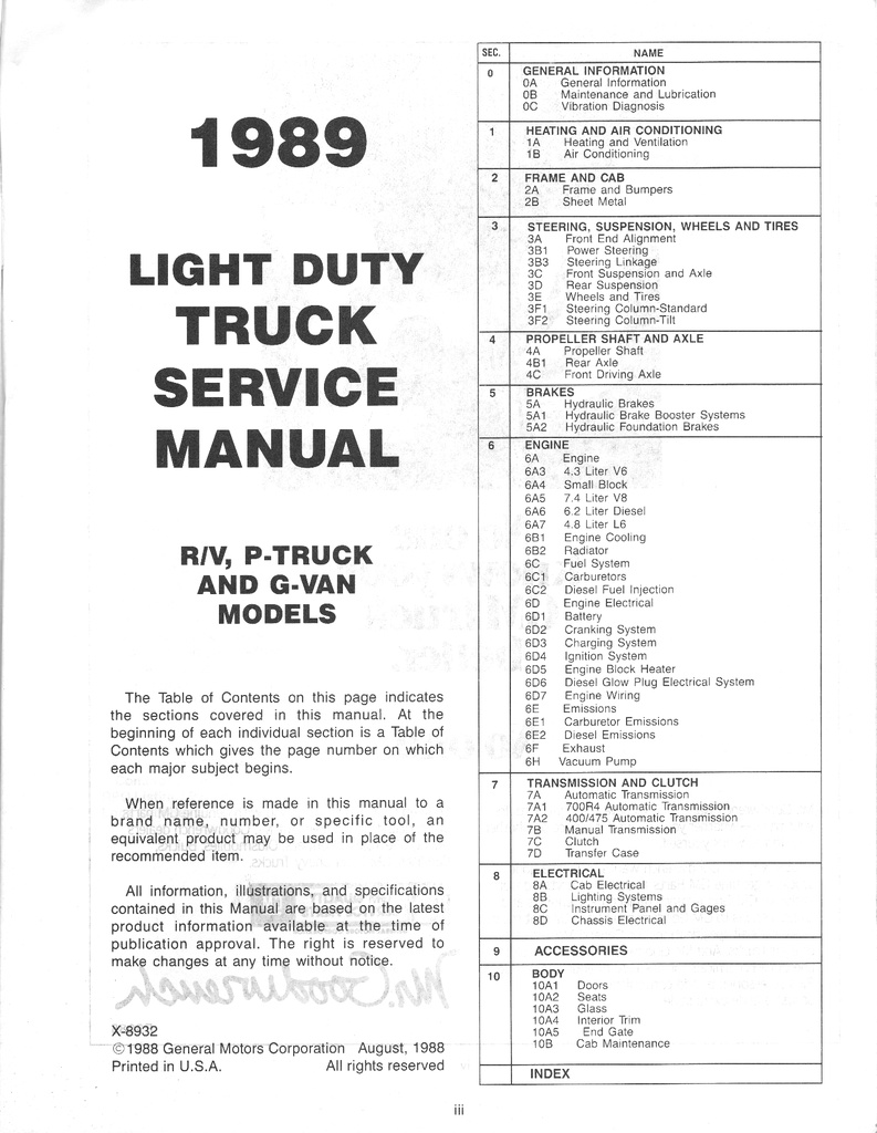1989 GMC R,V,G,P Light Duty Truck OEM Factory Shop Repair Service Maintenance Manual
