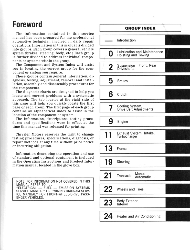 1989 Chrysler/Dodge/Plymouth FWD Service Manual Set--Omni/Horizon, Aries/Reliant, Shadow/Sundance, Daytona, LeBaron/Lancer, Dynasty/New Yorker