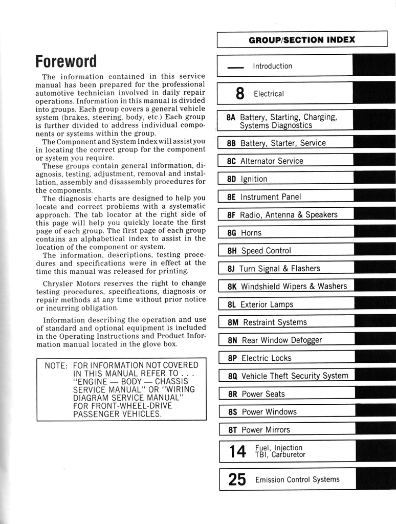 1989 Chrysler/Dodge/Plymouth FWD Service Manual Set--Omni/Horizon, Aries/Reliant, Shadow/Sundance, Daytona, LeBaron/Lancer, Dynasty/New Yorker