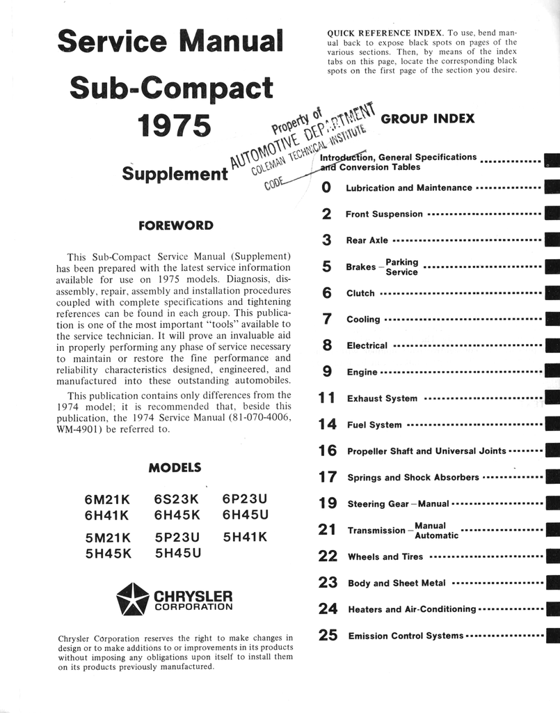 1975 Dodge Colt, Plymouth Cricket Factory Shop Repair Service Manual Supplement