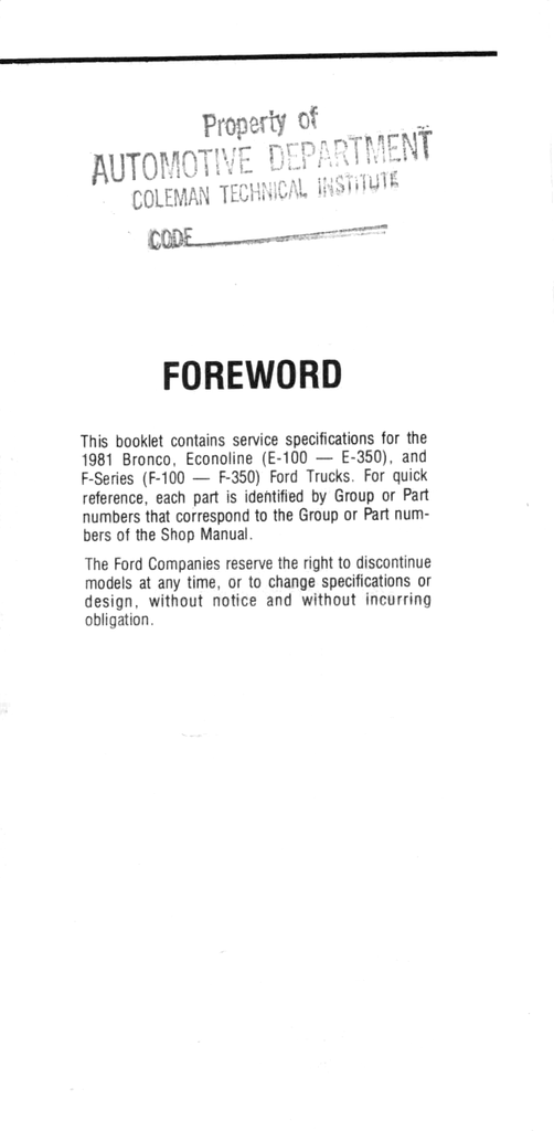 1981 Ford Light Truck Factory Service Specifications Book--F-100 to F-350 Pickup, Bronco, Econoline Van