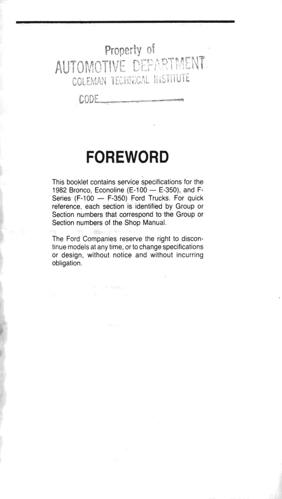 1982 Ford Light Truck Factory Service Specifications Book--F-100 to F-350 Pickup, Bronco, Econoline Van