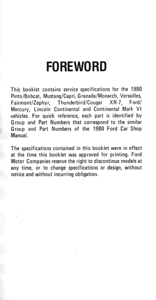 1980 Ford Car Service Specifications Book--Pinto/Bobcat, Mustang/Capri, Continental, Granada/Monarch/Versailles, Mark VI, Fairmont/Zephyr, Full-Size Ford/Mercury, Thunderbird/Cougar XR-7