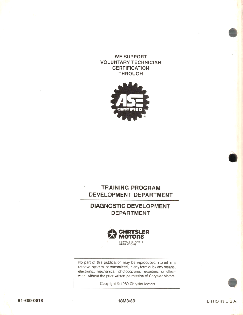 1990 Chrysler/Dodge/Plymouth 3.0L E.F.I. Powertrain Diagnostic Procedures Factory Service Manual