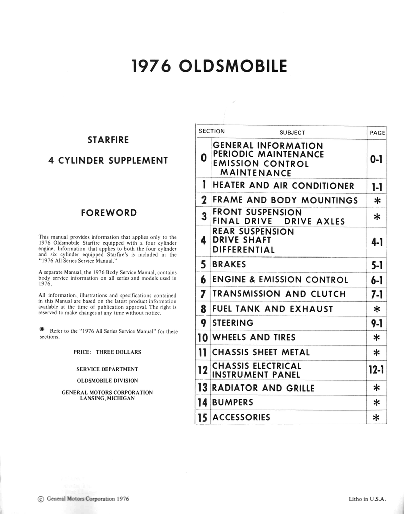 1976 Oldsmobile Starfire 4 Cylinder Factory Shop Service Manual Supplement