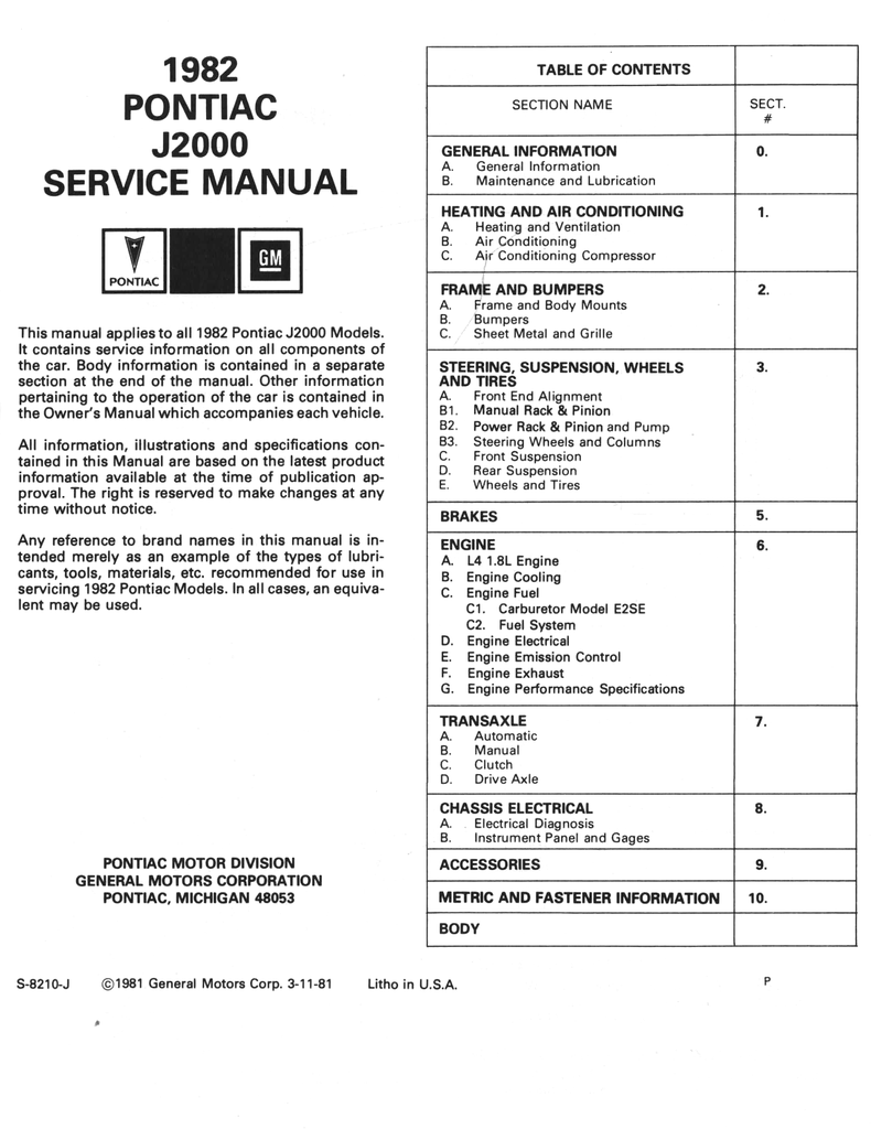 1982 Pontiac J2000 (Sunbird) Factory Shop Service Manual