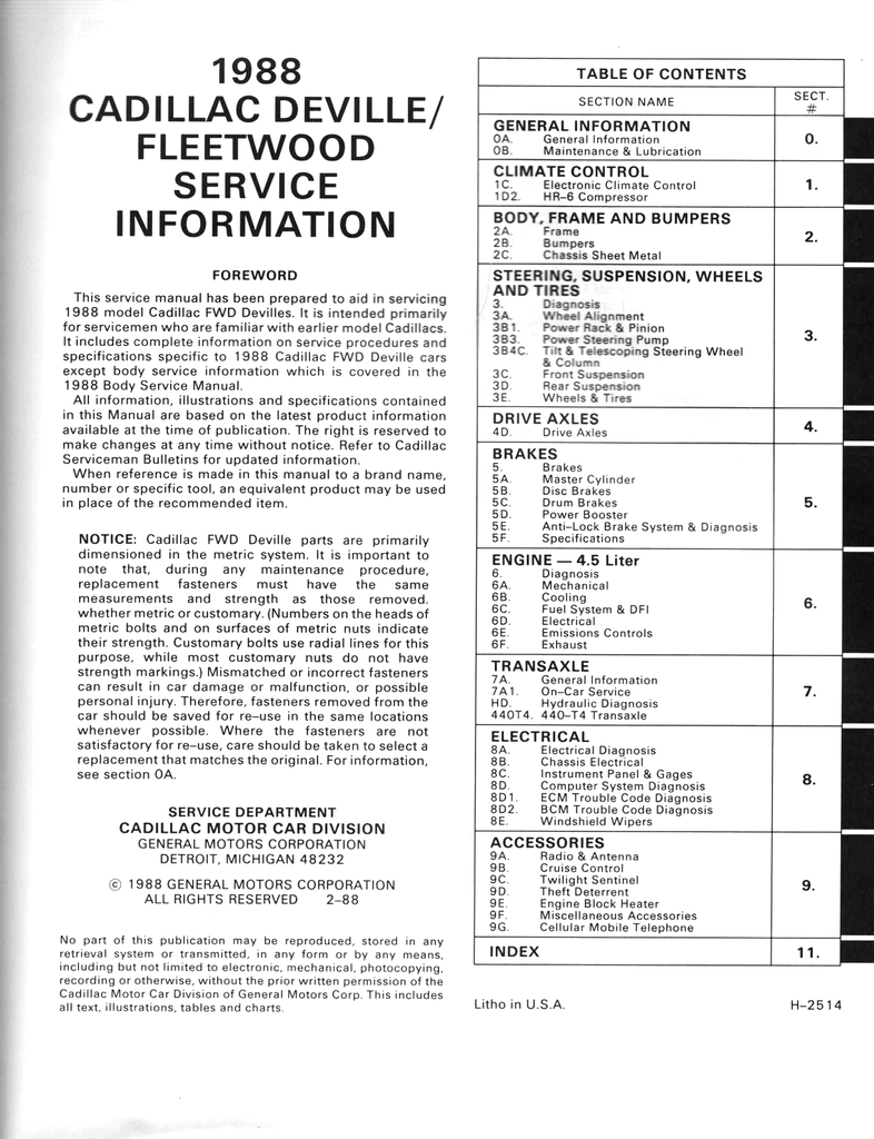 1988 Cadillac DeVille, Fleetwood Factory Shop Service Repair Manual