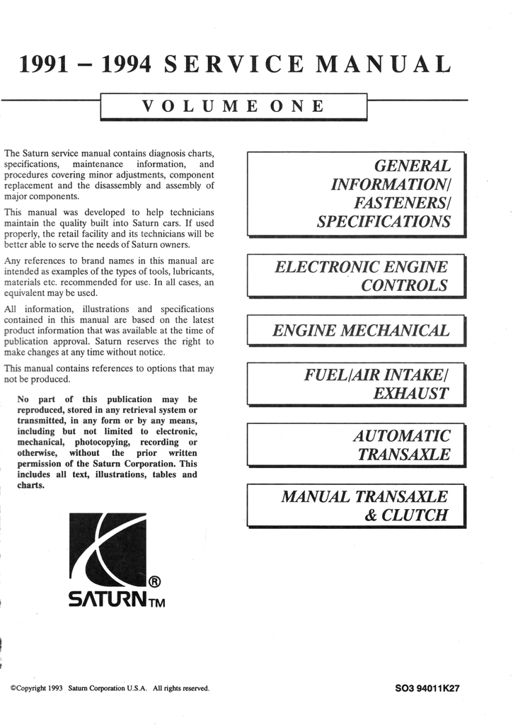 1991 1992 1993 1994 Saturn Factory Shop Service Repair Manual Full 3 Volume Set