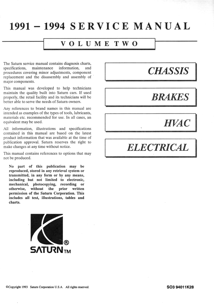 1991 1992 1993 1994 Saturn Factory Shop Service Repair Manual Full 3 Volume Set