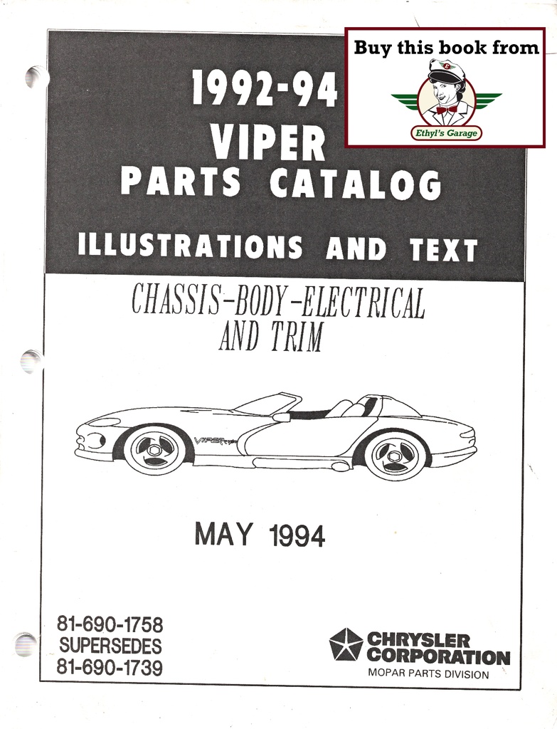 1992, 1993, 1994 Mopar Dodge Viper Parts Catalog