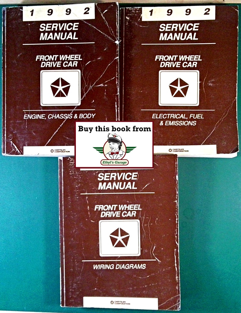 1992 Dodge/Plymouth/Chrysler Front-Wheel-Drive Passenger Car (LeBaron, New Yorker, Fifth Avenue, Imperial, Dynasty, Spirit, Acclaim, Daytona, Shadow, Sundance) Shop Maintenance Repair Service Manual + Wiring Diagrams 3 Vol. Set