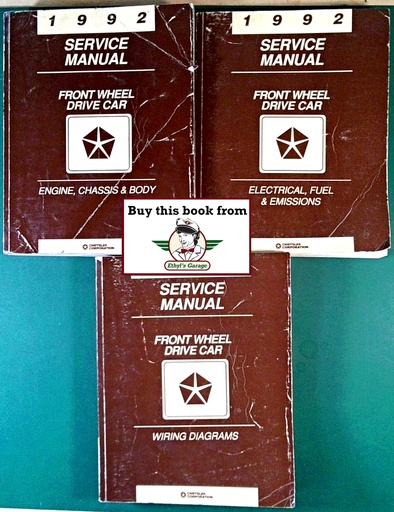 [MOP1992812702101A/3] 1992 Dodge/Plymouth/Chrysler Front-Wheel-Drive Passenger Car (LeBaron, New Yorker, Fifth Avenue, Imperial, Dynasty, Spirit, Acclaim, Daytona, Shadow, Sundance) Shop Maintenance Repair Service Manual + Wiring Diagrams 3 Vol. Set