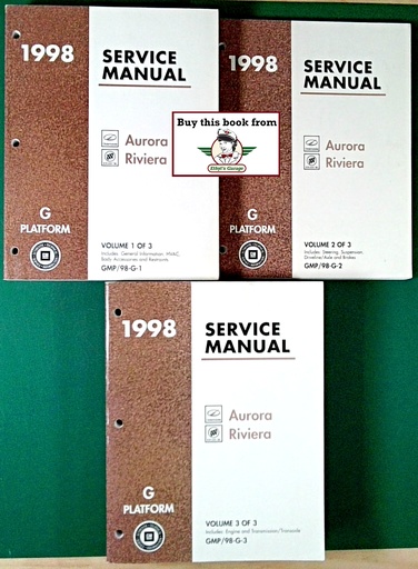 [GM1998GMP/98G1/2/3/A/3] 1998 Oldsmobile Aurora Buick Riviera G Platform OEM Shop Service Repair Manual 3 Vol Set